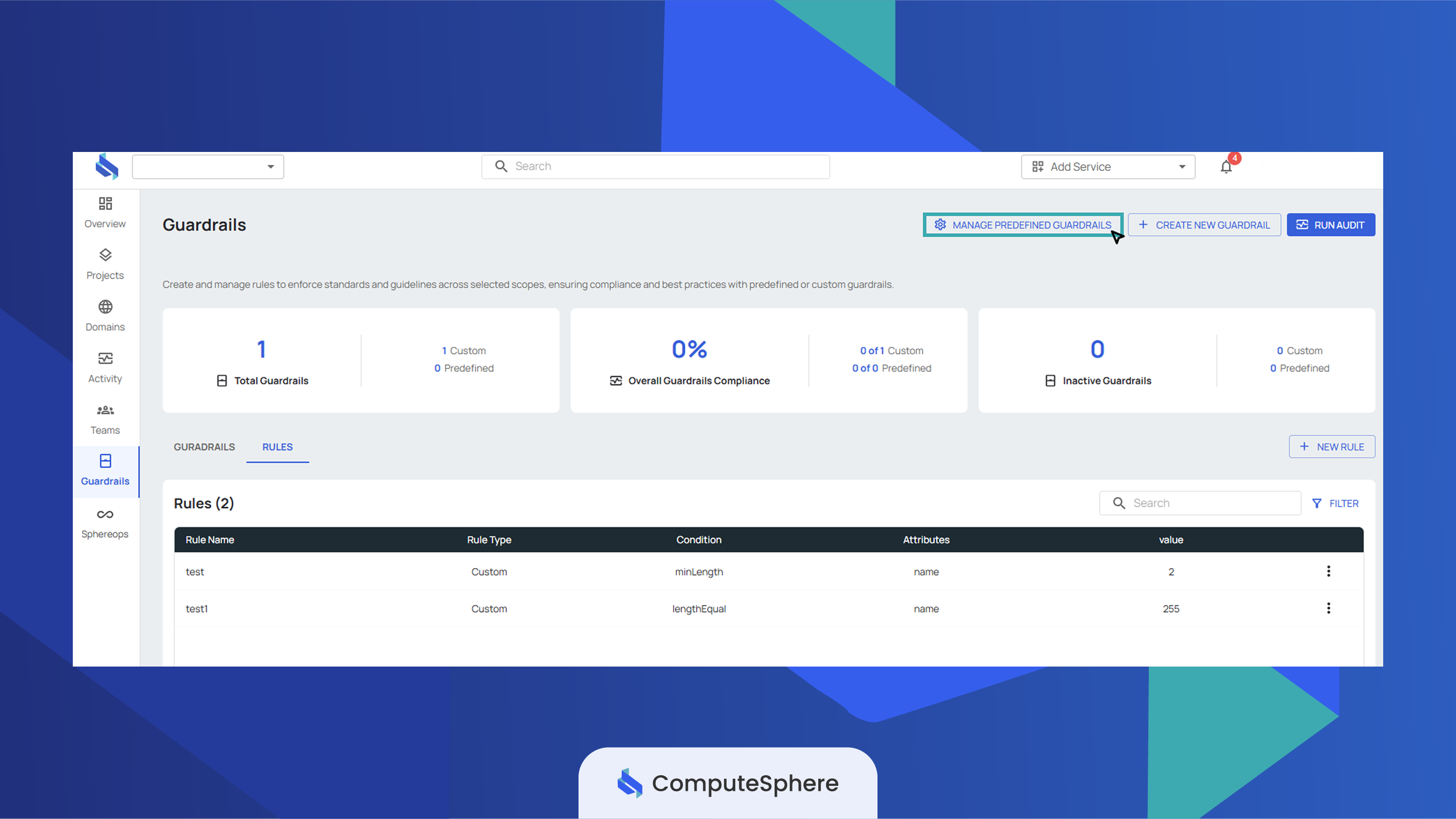 Manage predefined guardrails button
