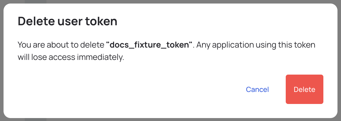 Delete token confirmation modal