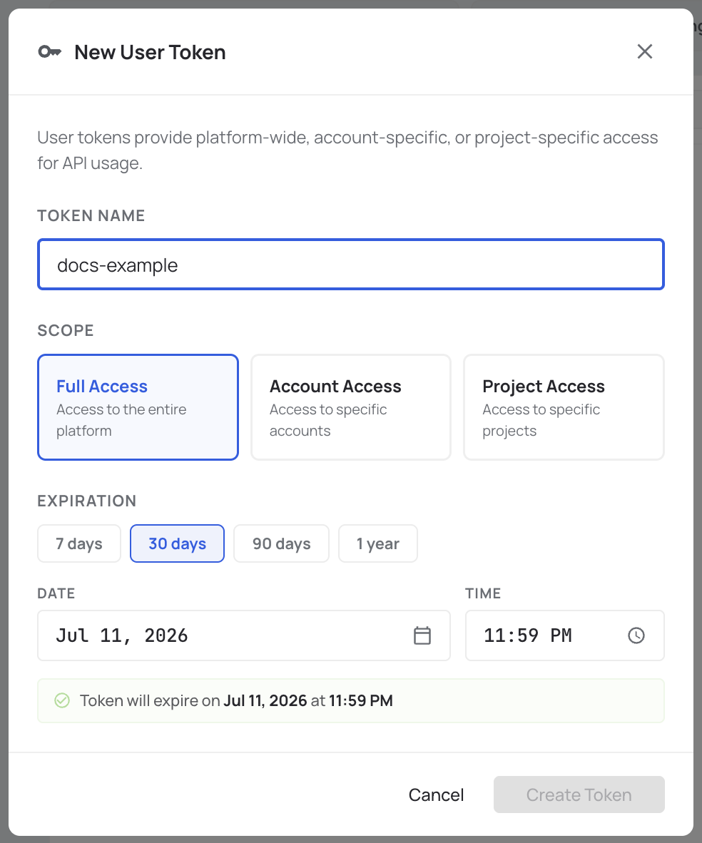 New User Token modal