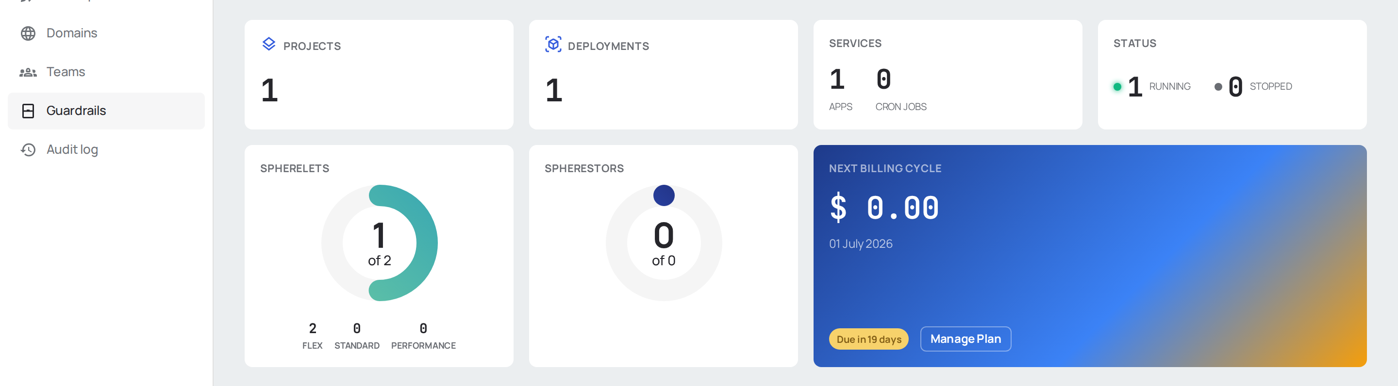 Account summary cards showing projects, deployments, storage, and spherelet counts