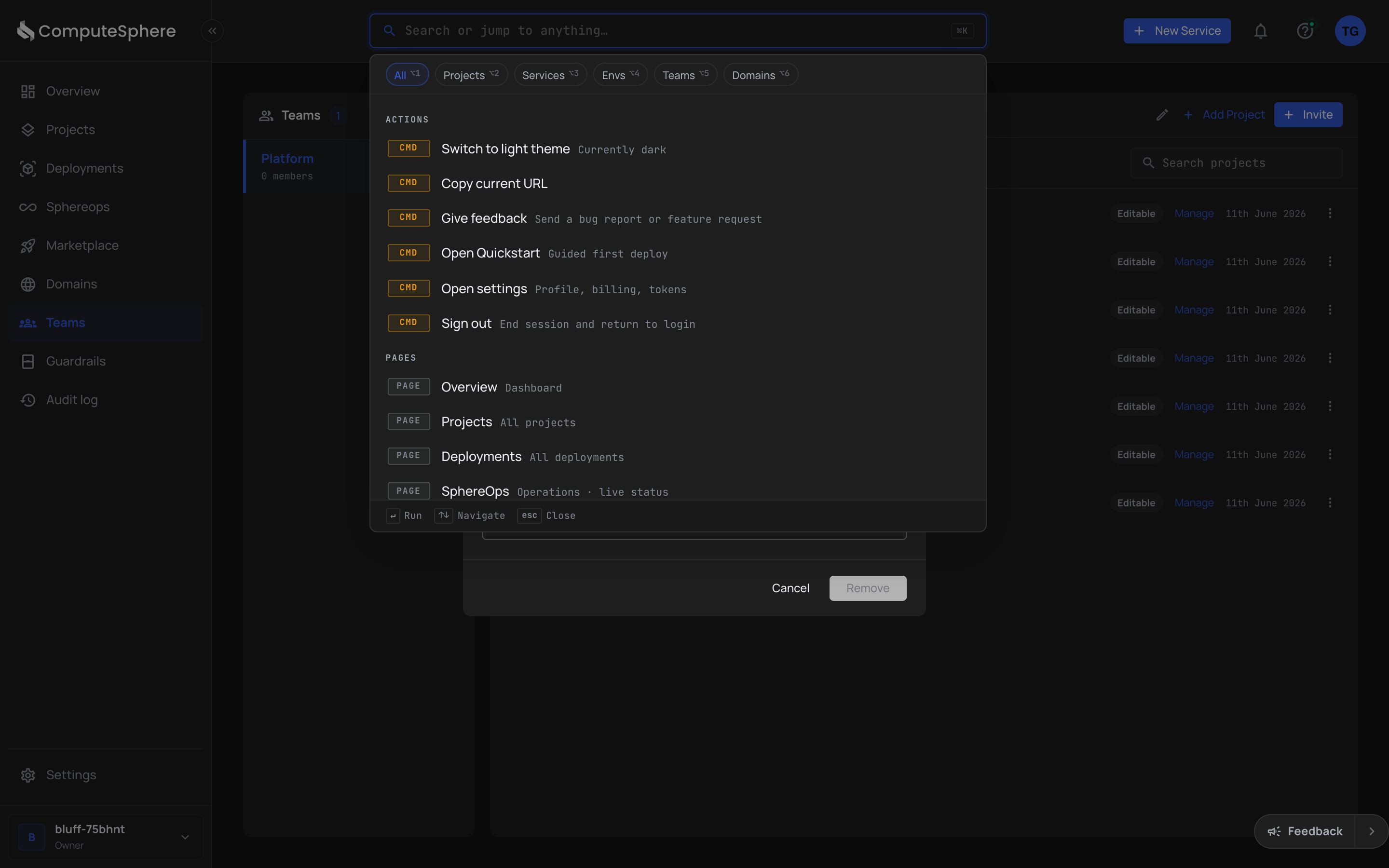 Search box on the team Projects tab
