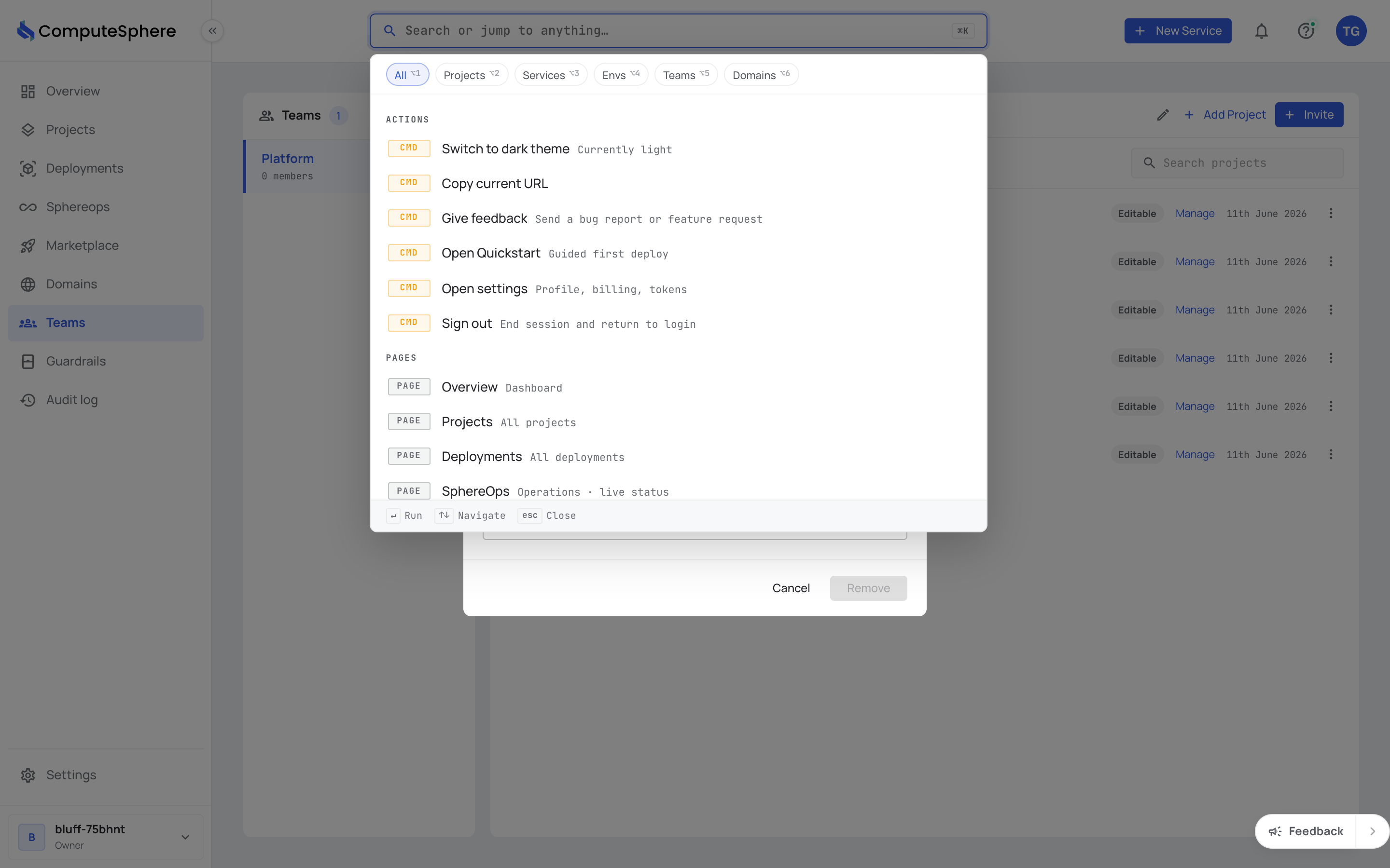 Search box on the team Projects tab
