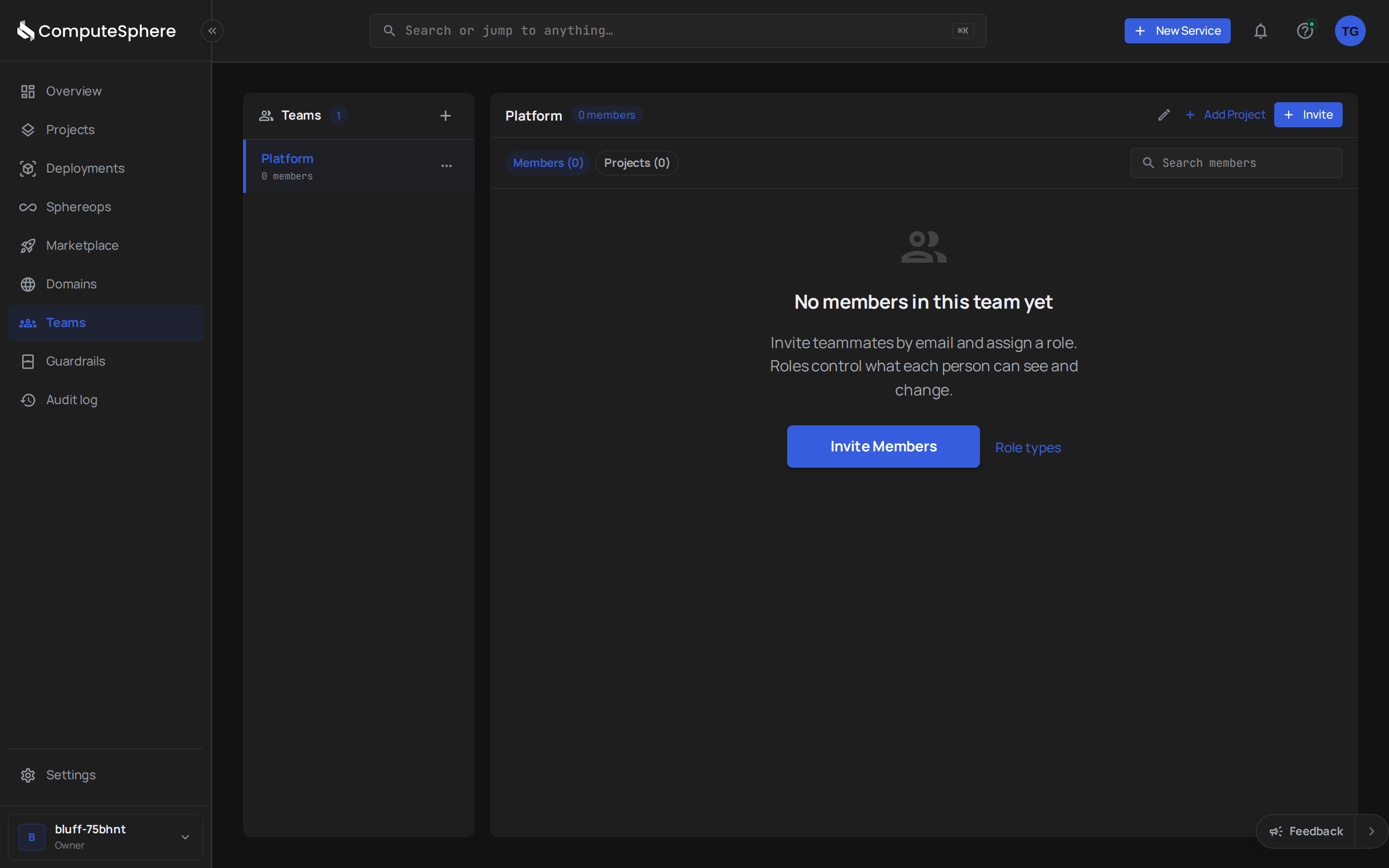 ComputeSphere console Teams tab with the team list