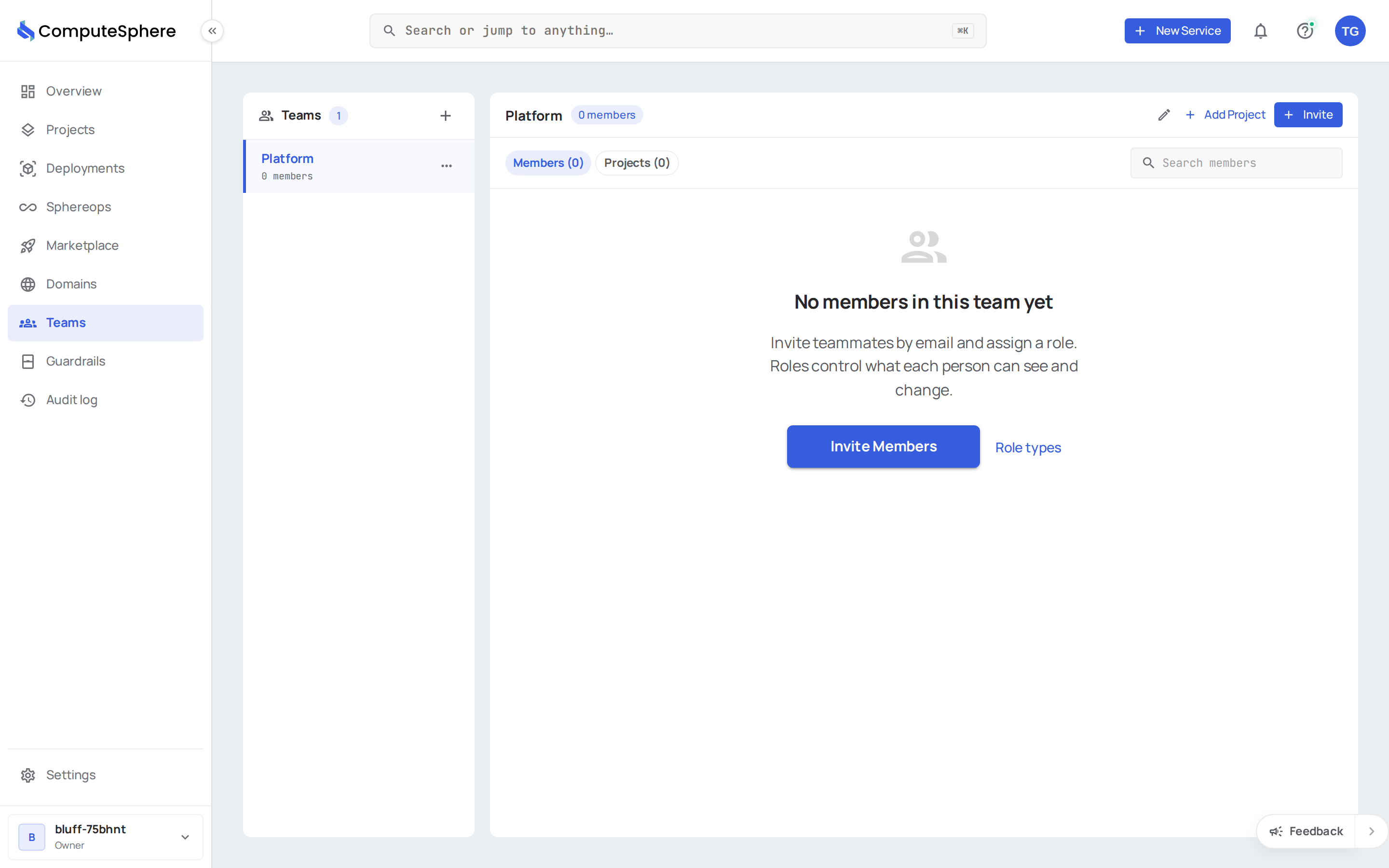 ComputeSphere console Teams tab with the team list