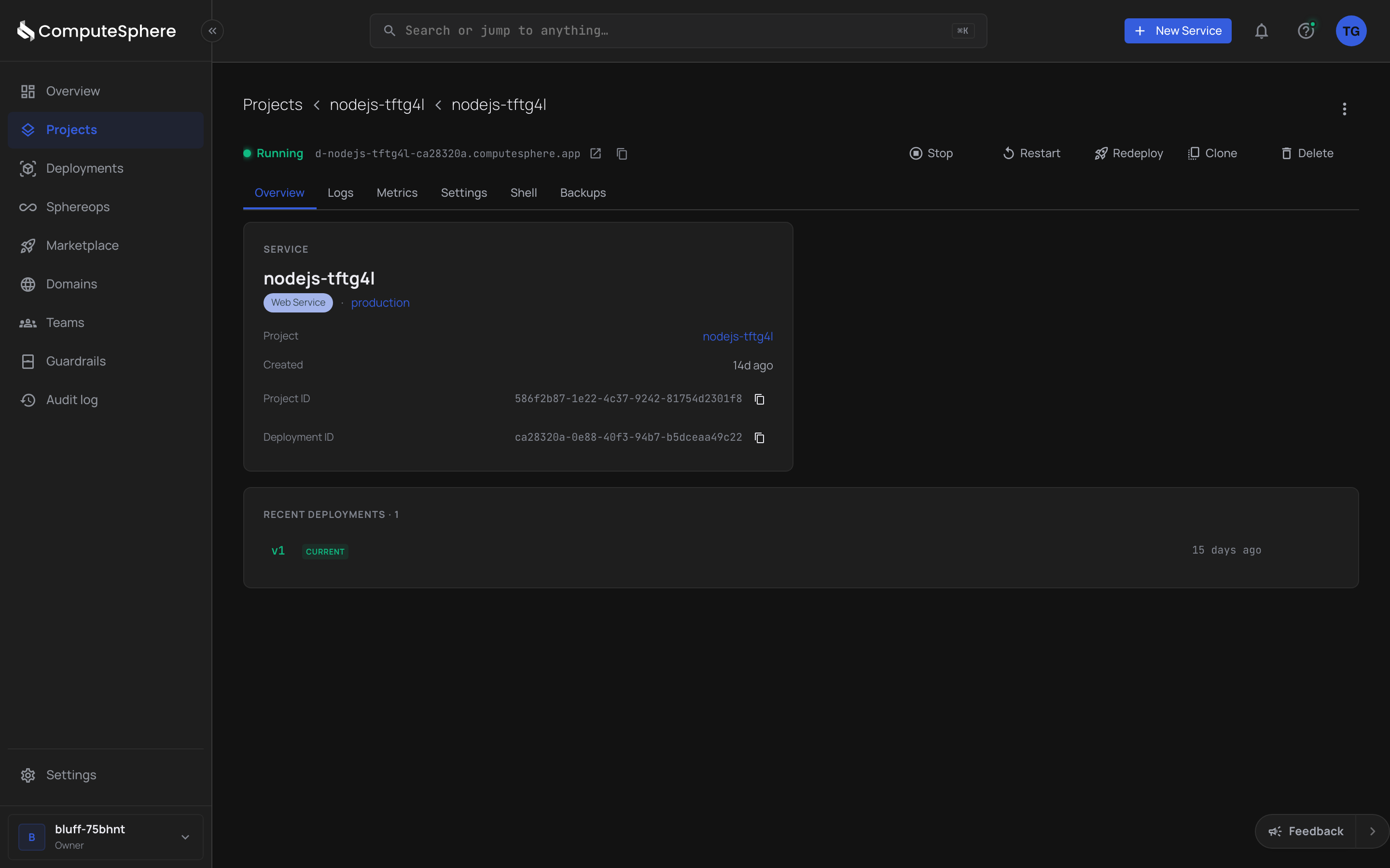 A running deployment with scale, restart, and redeploy controls